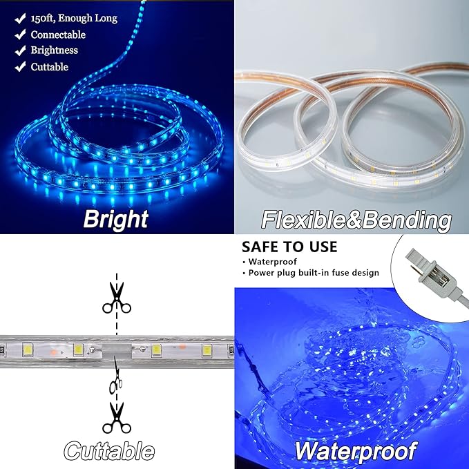 SURNIE LED Rope Lights Outdoor Waterproof 150ft Strip Lights Blue 110V Indoor Cuttable Connectable Lighting installations for Bedrooms, Stairs, Wedding Parties, Backyards, Pool, Not Tube Rope