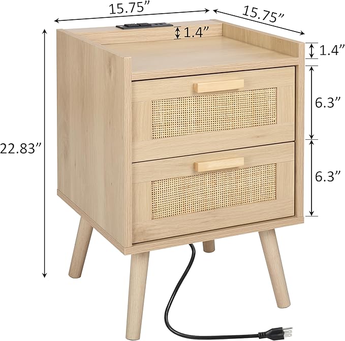 Finnhomy Nightstand with Charging Station, Bedside Table with 2 Hand Made Rattan Decorated Drawers, Night Stand with Storage for Bedroom, Natural, Set of 2