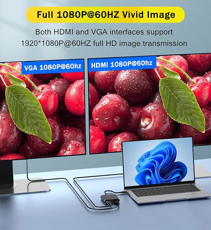 HDMI to VGA+HDMI Adapter for Dual Monitor, HDMI to VGA & HDMI Splitter 1 to 2,1080P@60HZ Full HD Display Video Converter Compaitble with Windows/Mac Os/Linux, Plug & Play
