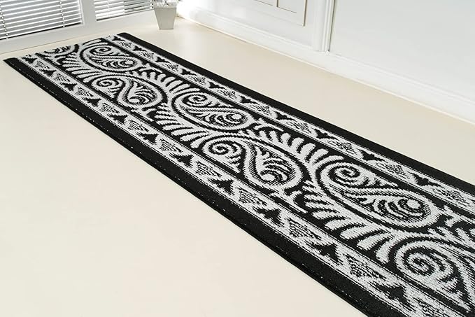 Custom Length Cut to Size Tribal Ethnic Southwestern Inspired Hallway Runner Rug, Non Slip Rubber Backed, 31 inch Wide X Customized Length, Mayan Black, 31 inch X 13 feet