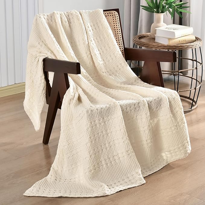 PHF 100% Cotton Waffle Weave Throw Blanket, Soft Lightweight Breathable Cozy Throws for Couch Bed Sofa, Luxury Aesthetic Woven Blanket for Home Decor & Office, 50"x60", Natural