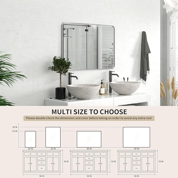 PAIHOME 24x36-Inch Brushed Nickel Bathroom-Vanity-Mirror for Wall - 304 Stainless Steel Silver Frame Bathroom Mirrors, Rectangle Farmhouse Mirror, Vertical Or Horizontal Hanging Modern Mirror