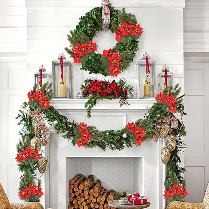 GTIDEA 6pcs Artificial Pine Branches Christmas Greenery Stems with Poinsettias Artificial Christmas Flowers and Berries Fake Green Plants for Xmas Tree Home Porch Table Centerpieces Vase Decor (13.4")