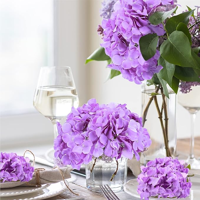 Auihiay 64pcs Hydrangea Artificial Flowers, Purple Artificial Hydrangea Flowers, Silk Hydrangea Heads with Stems for Garden, Home Party Baby Shower DIY Wedding Centerpiece (Purple)