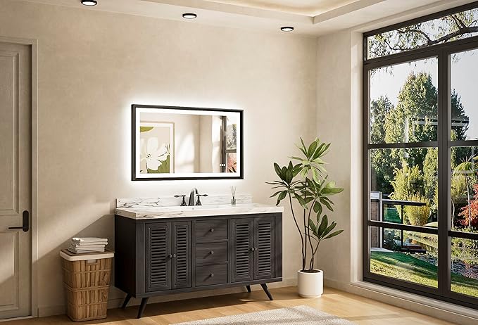 TETOTE 40x24 LED Bathroom Mirror with Lights Black Metal Framed Front & Back Light Vanity Mirror Baroque Gothic Antifog Stepless Dimmable White/Warm/Natural,CRI90+,Waterproof(Horizontal/Vertical)