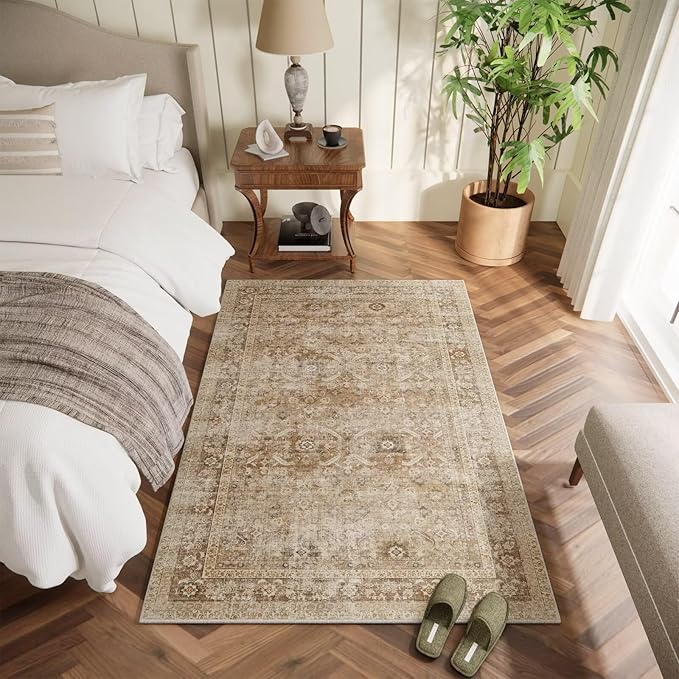 Washable 4x6 Rugs for Living Room, Boho Non-Slip Silicone Backing Small Rugs for Bedroom Nursery Office, 0.3" Neutral Oriental Throw Carpet with 0.16" Cushioning Pad, Brown/Multi
