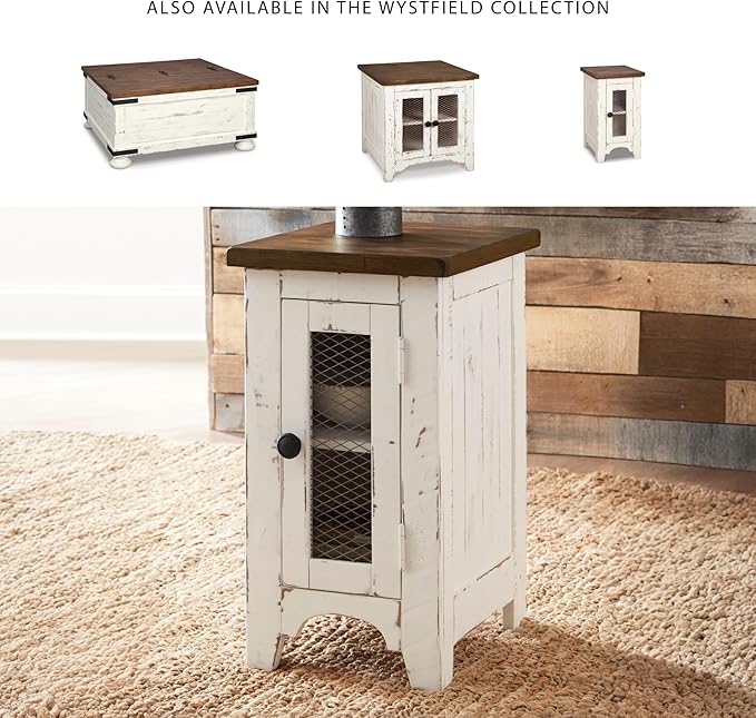 Signature Design by Ashley Wystfield Farmhouse Chair Side End Table with Cabinet Door for Storage, White & Brown with Distressed Finish