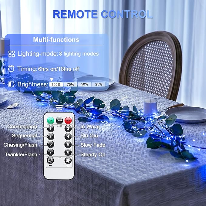 JMEXSUSS 2 Pack 100 LED Blue and White Fairy Lights Battery Operated, 33ft Blue and White Christmas Lights with Remote, 8 Modes Battery Powered Twinkle String Lights for Bedroom Christmas Tree Decor