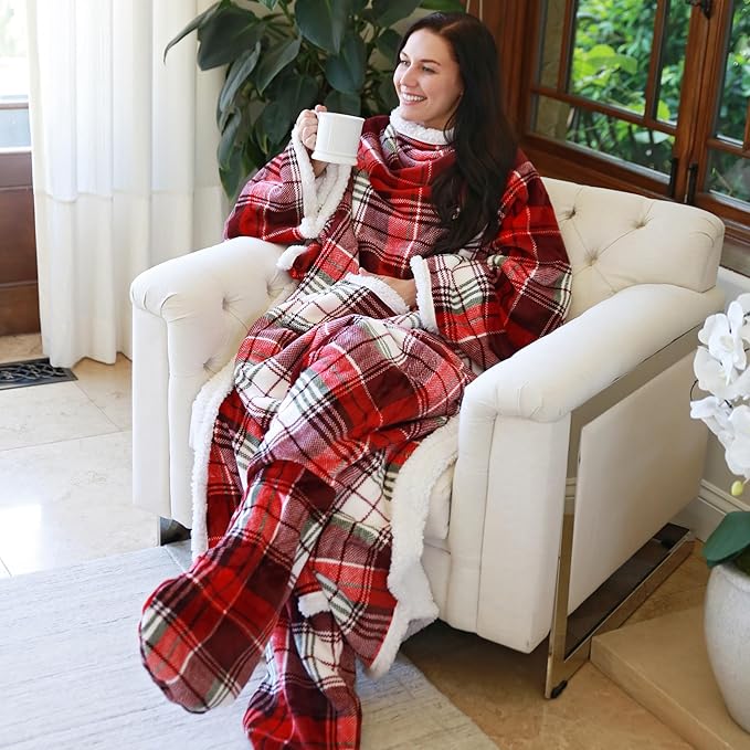 Catalonia Sherpa Wearable Blanket with Sleeves & Foot Pockets for Adult Women Men, Comfy Snuggly Wrap Sleeved Throw Blanket Robe, Gift Idea, Plaid