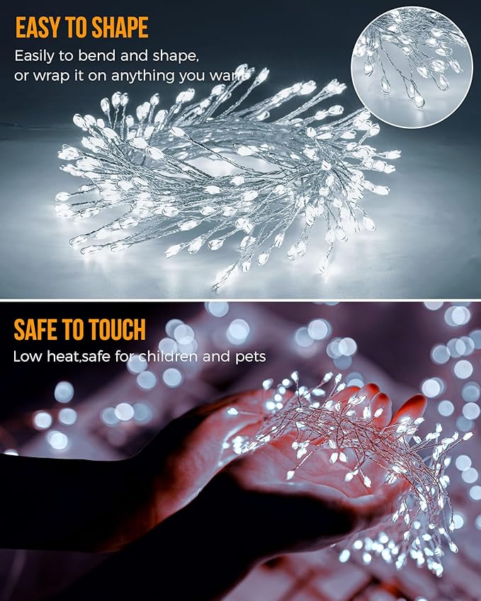 Pure White Battery Operated Fairy Lights, 2 Pack Totally 20 FT 240LED Twinkle Firecracker String Lights, Waterproof Cluster Lights for DIY Indoor Wreath Wedding Bedroom Christmas Decoration