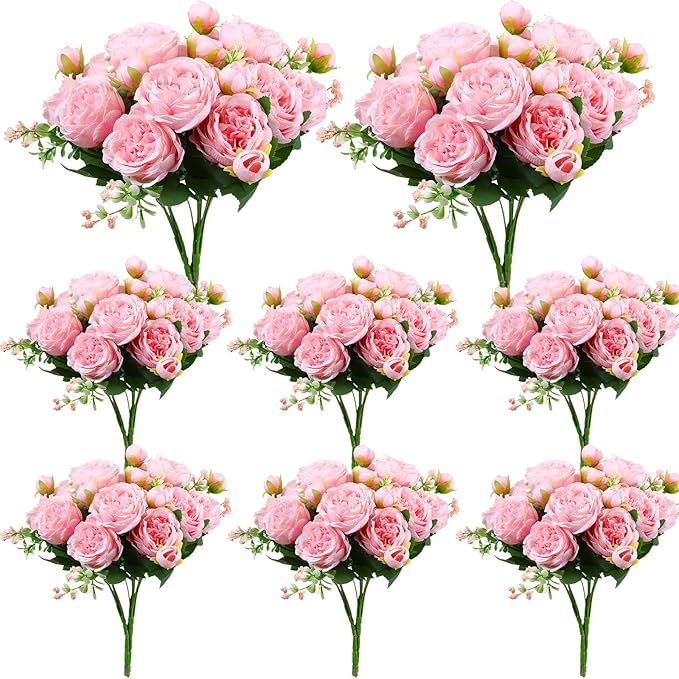 Geosar 8 Bundles Artificial Peonies Flowers Fake Silk Peony Bouquet Faux Peonies Flowers Bulk for Decoration Vase Floral Arrangements Wedding Party Table (Pink)