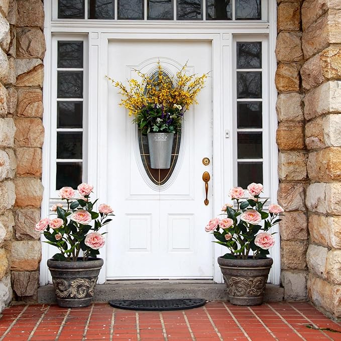 2Pack Artificial Camellia Tree, 2FT Faux Camellia Plant in Pot with Pink Flowers for Spring Home Front Door Outdoor Indoor Decoration,Pink