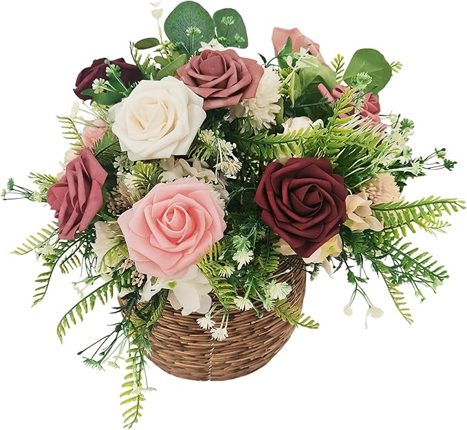 Artificial Flowers 25pcs Roses, Shade of Burgundy Foam Fake Rose Faux Flower for DIY Wedding Bouquets Bridal Shower Centerpieces Floral Arrangements Party Tables Home Decorations