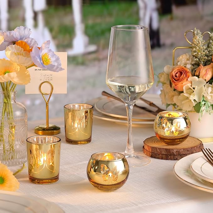 Gold 12 PCS Combination Tea Lights Candle Holder Decorative with Butterfly Pattern, Votive Candle Holders for Wedding, Birthday, Anniversary, Parties, and Holiday Decorations