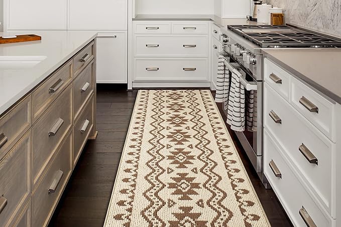 Custom Length Cut to Size Tribal Ethnic Southwestern Inspired Hallway Runner Rug, Non Slip Rubber Backed, 31 inch Wide X Customized Length, Aztec Beige, 31 inch X 9 feet