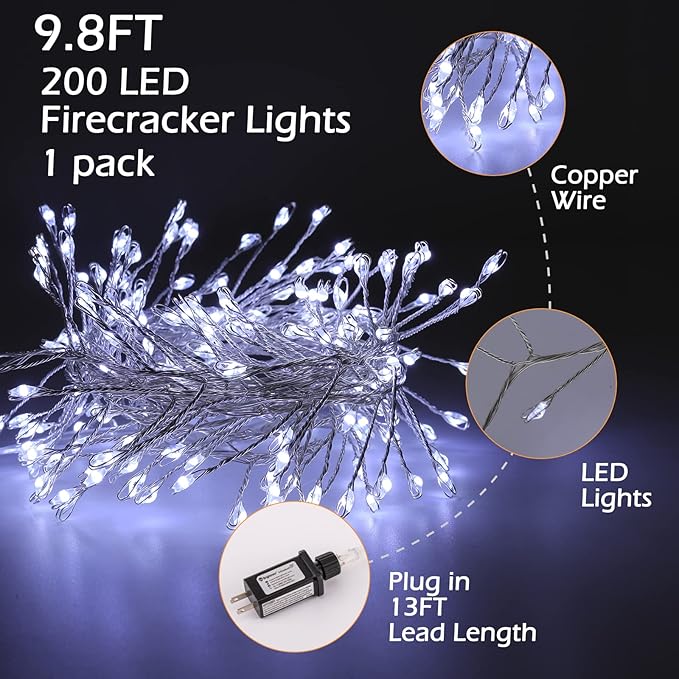 Fairy Lights Plug in, 10Ft 200LED Firecracker Firefly Lights with 8 Mode, Waterproof Silver Wire Cluster Starry String Lights for Ceiling Bedroom Window Wedding Christmas Tree Decoration, Pure White