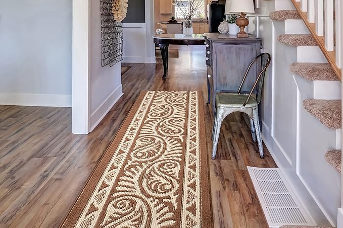 Custom Length Cut to Size Tribal Ethnic Southwestern Inspired Hallway Runner Rug, Non Slip Rubber Backed, 31 inch Wide X Customized Length, Mayan Brown, 31 inch X 25 feet
