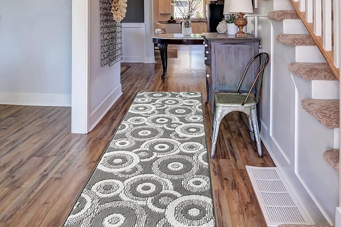 Custom Length Cut to Size Retro Modern Geometric Carpet Runner Rug for Hallways, Non Slip Rubber Backed, 31 inch Wide X Customized Length, Geo Grey, 31 inch X 15 feet