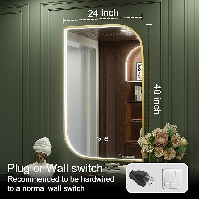40x24 Inch Gold LED Bathroom Mirror, Adjustable 3000K/4500K/6000K, Irregular Framed Lighted Bathroom Vanity Mirror with Lights, Anti-Fog, Stepless Dimmable, Wall Mounted