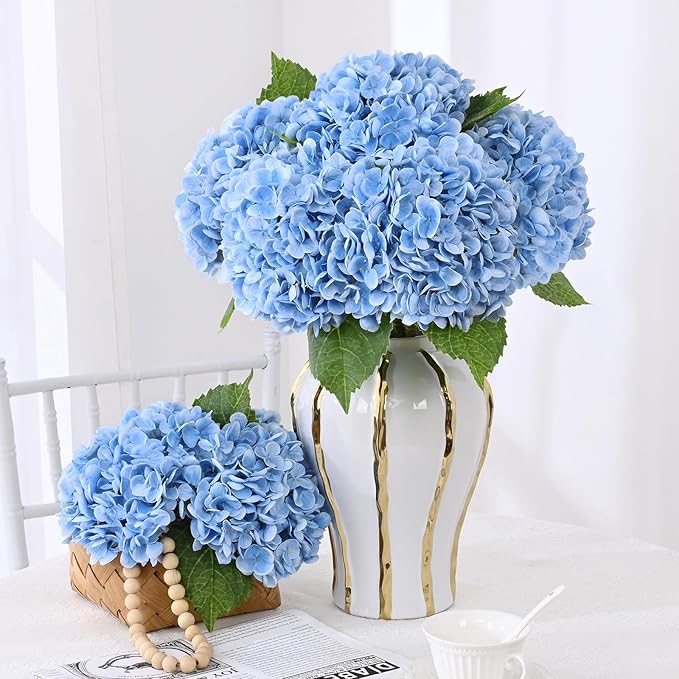 6 Pcs Real Touch Hydrangea Artificial Flowers, 21" Blue Full Faux Hydrangea Flowers Latex Fake Flowers for Home Decor Party Floral Arrangements Wedding Bouquets Centerpieces Outdoor Decor
