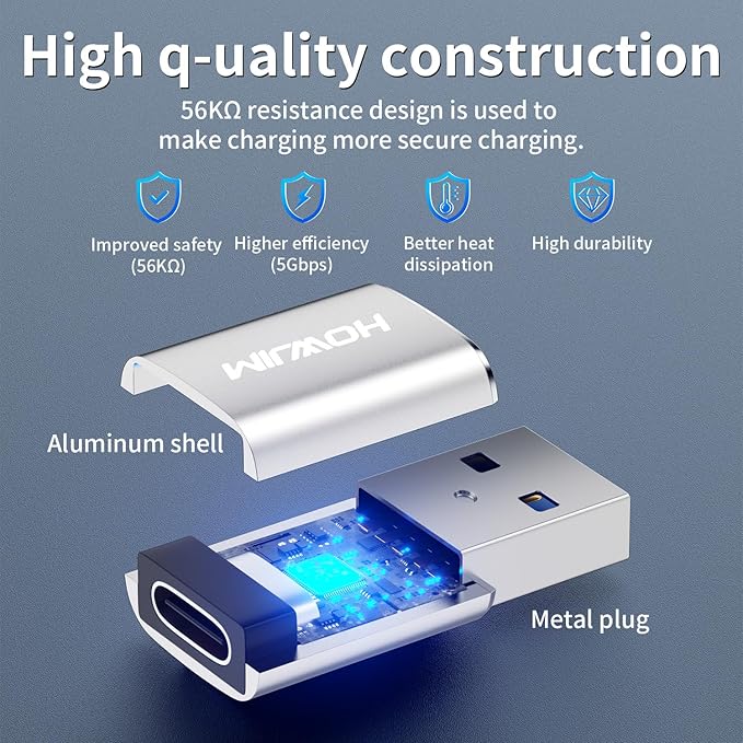 USB to USB C Adapter 4Pack,HOWJIM Type-C Female to USB3.0 Male Adapter OTG Function,Fast Charging 5Gbps Data Transfer for M-acBook Pad Phone 17/16/15 G-alaxy X-peria A-ppleWatch A-irpods P-ixel Silver