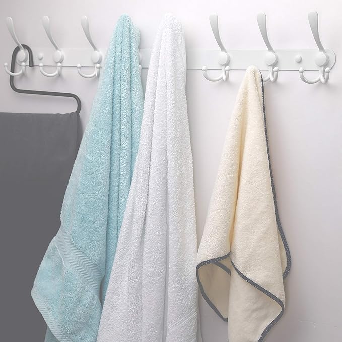 Dseap Coat Rack Wall Mount - 29.5” Long 8-Tri-Hooks Heavy Duty Coat Hanger Rail Wall Hooks for Hanging Coats Hats Clothing Clothes Purse Mudroom Entryway, White