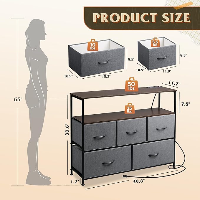 WLIVE 5 Drawer Dresser TV Stand for 45 Inch TV, Entertainment Center with Open Shelf and Power Outlet, Chest of Drawers for Bedroom, Living Room, Closet, Dark Grey