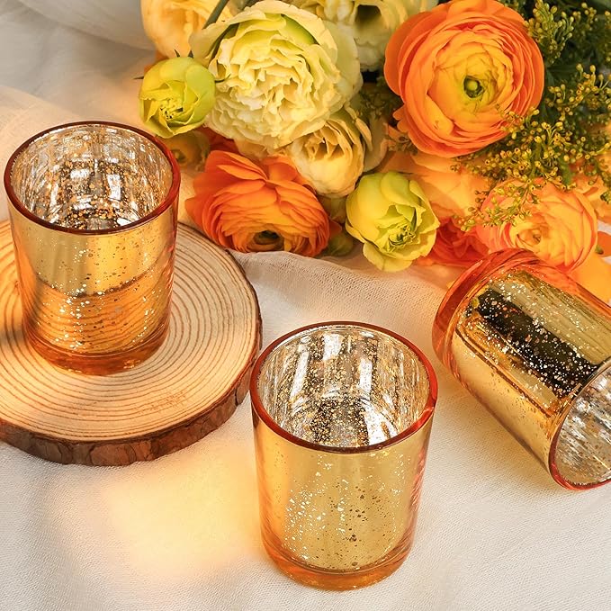 24 Pcs Gold Votive Candle Holders, Speckled Mercury Gold Glass Candle Holder Bulk for Wedding Centerpiece Table Decor, Tea Lights Candle Holder for Valentines Day Decor, Home Decor