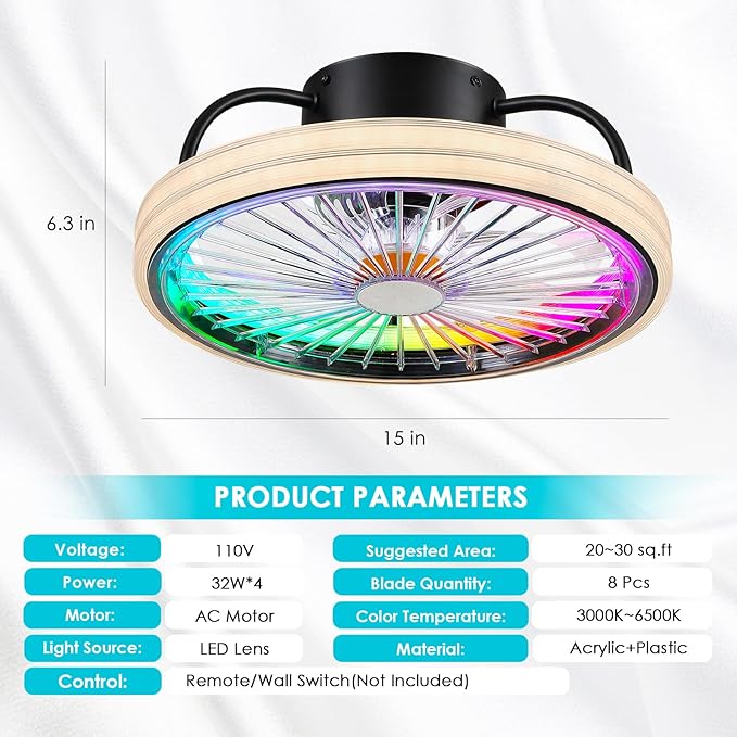 Low Profile Ceiling Fan with Light - Modern Flush Mount Ceiling Fan,15" RGB Dimmable LED Enclosed Ceiling Fans,Modern Bladeless LED-RGB Ambient Light for Bedroom Kids Room Party（Black）