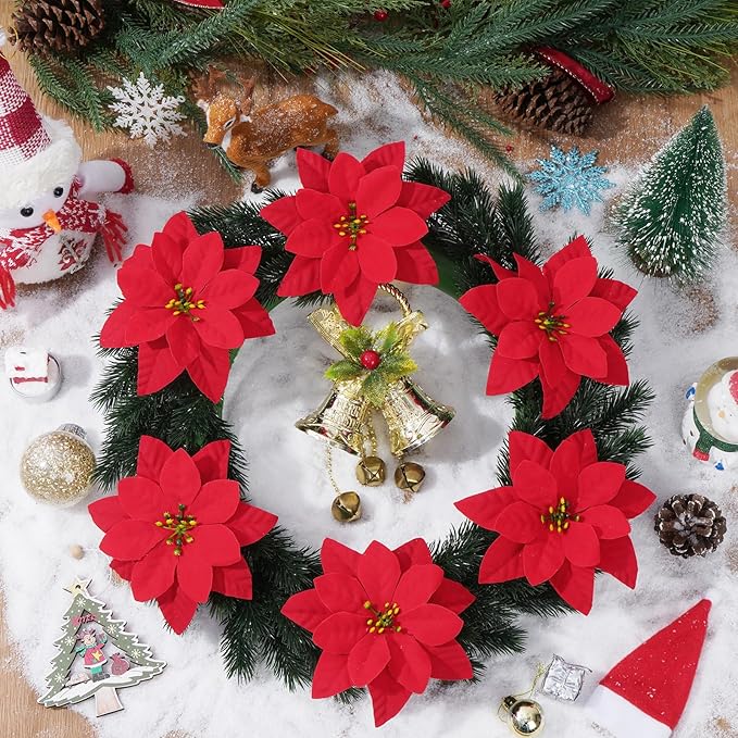 Christmas Decorations - 6 Pack Poinsettias Artificial Christmas Flowers, Fake Red Velvet Artificial Poinsettias Flowers for Christmas Tree Home Party Porch Yard Indoor Outdoor Decor