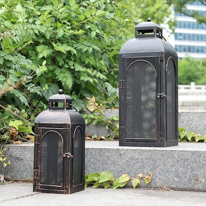 DECORKEY Luxury Lantern Decorative Outdoor & Indoor, Set of 2 (19’’&13’’) Metal Candle Lanterns Decor, Vintage Hanging Candle Holder for Front Porch Patio Wedding Farmhouse Home, Christmas Decorations