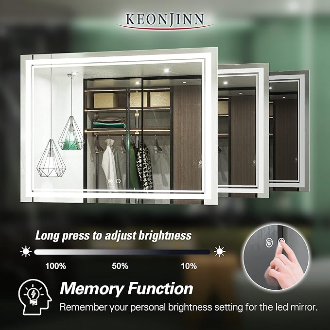 Keonjinn Large Bathroom Mirror with Light, 48 x 36 Inch LED Mirror for Bathoom, Frontlit Only, HD Tempered Glass, UL-Listed LED Driver, Anti-Fog, Dimmale 6000K, Easy Installation(Horizontal/Vertical)