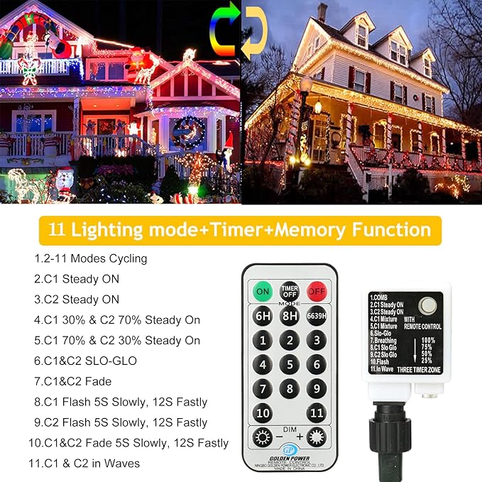Toodour Christmas Icicle Lights Outdoor, 2 in 1 Warm White & Multicolor Color Changing Icicle Lights with 60 Drops, 29.5ft 360 LED Christmas Light Fairy Twinkle Light for Wedding Home Xmas Decor