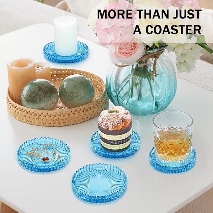 Glass Candle Holders, GOH DODD Set of 8 Crystal Pillar Plates Modern Coasters for Drinks, Centerpiece, Home Decor, Kitchen, Living Room, Patio, Wedding, Halloween, Christmas, Party, Clear Blue