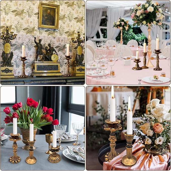 GEMLORD 6 Pcs Vintage Candlestick Holders for Taper, Resin Candle Holder Retro Antique Bronze Candle Holder for Wedding Party Anniversary Table Fireplace Home Decoration (3 Style)