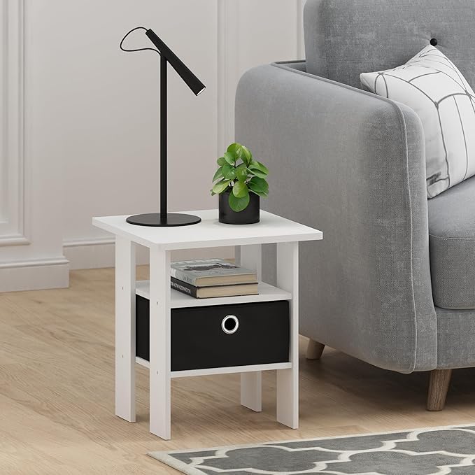 Furinno Andrey Side Table, End Table, Night Stand with Open Shelves and Storage Bin, Bedside Table, for Living Room, Bedroom, White