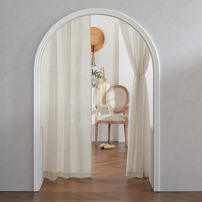 RYB HOME Linen Flax Curtains 84 Inches Long - Breathable Flax Linen Woven Semi Sheer Curtains Privacy Drapes UV Rays Protected for Room Divider, Wedding Party Backdrop, W 52" x L 84", Angora, 2 PC