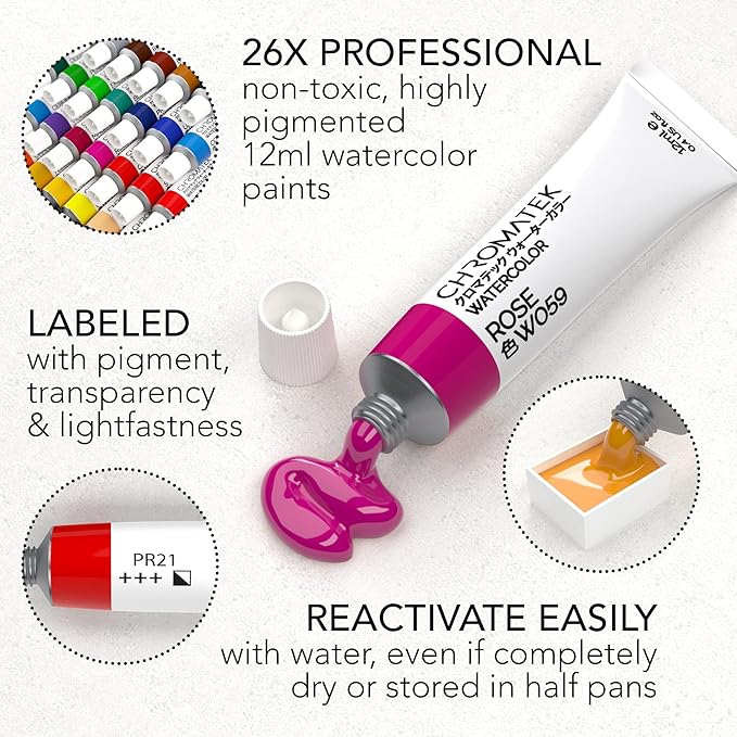 CHROMATEK Watercolor Paint Set - 62 Piece Kit - Video Tutorial Course - For Adults, Beginner & Professional Artists - 26 Tubes (12ml), Sketch Pad, 8 Painting Brushes, Aquapen, Palette, Masking Tape