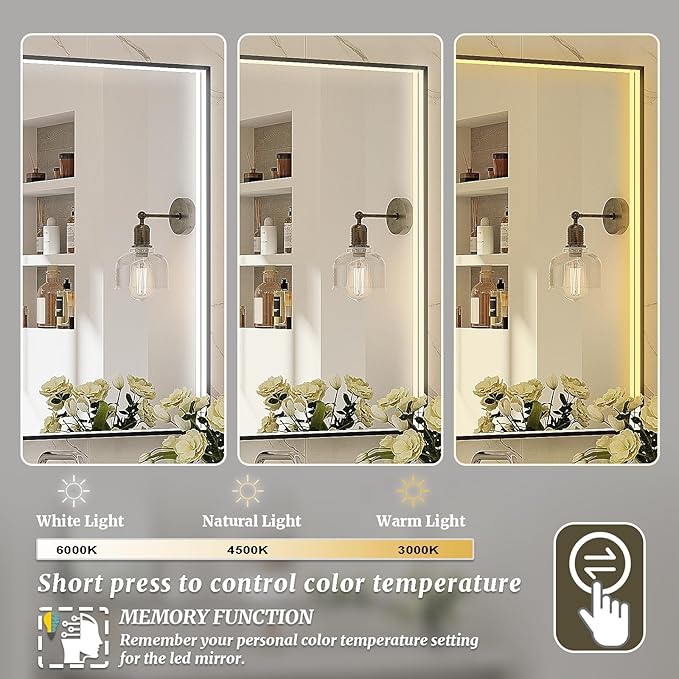 40x28 Inch LED Bathroom Mirror, Black Metal Framed Lighted Mirror for Bathroom, Wall Mouted LED Vanity Mirror with Lights, 3 Colors and Stepless Dimmable, Anti-Fog, Memory