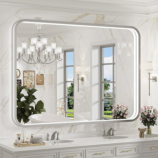 40x30 Inch LED Mirror for Bathroom,Brushed Sliver Metal Frame Lighted Vanity Mirror,Anti Fog Stepless Dimmable,Light Up Wall Mounted Mirror(Horizontal/Vertical)