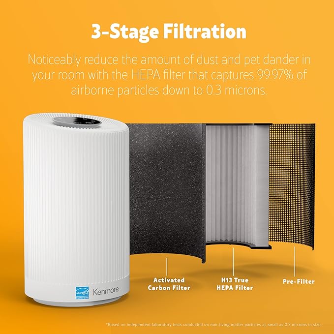 Kenmore PM1005 Air Purifier with H13 True HEPA Filter, Covers Up to 850 Sq.Foot, 25db SilentClean 3-Stage HEPA Filtration System for Office & Bedroom