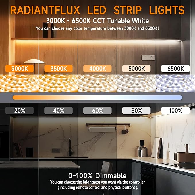 RadiantFlux 50ft LED Light Strip, Warm White Light 3000K-6000K, Ultra-Bright High Lumen, Dimmable 24V LED Light Strip with Remote Control, Flexible Light Strip for Easy Installation