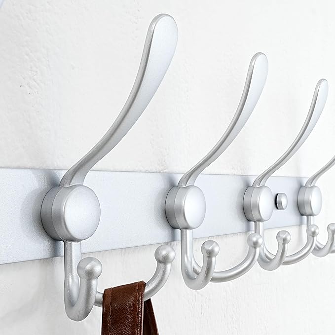 Dseap Coat Rack Wall Mount - 38” Long 10-Tri-Hooks Heavy Duty Coat Hanger Rail Wall Hooks for Hanging Coats Hats Clothing Clothes Purse Mudroom Entryway, Silver, Pack of 2