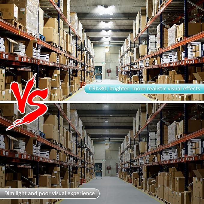 LED Garage Lights 2 Pack, New Upgrade 80W Deformable Shop Lights with 4 Adjustable Panels, E26/E27 LED Ceiling Light, 8000LM 6500K Hight Bay Light for Basement Warehouse Workshop