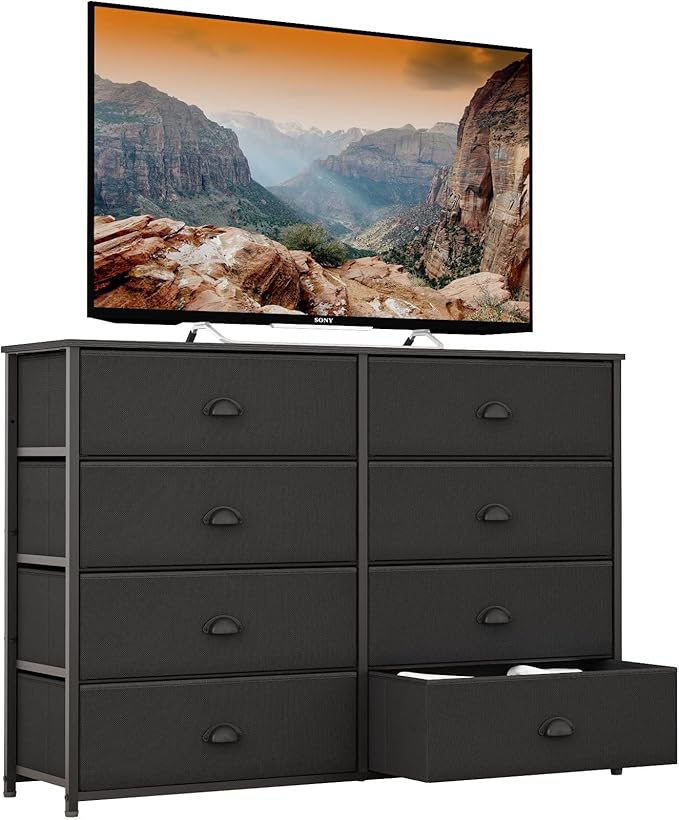 Furnulem Dresser with 8 Fabric Drawers, Wide Console Table for 50'' TV, Storage Organizer Unit for Bedroom, Office, Dorm, Closet, Hallway, Sturdy Metal Frame & Wood Top (Black)