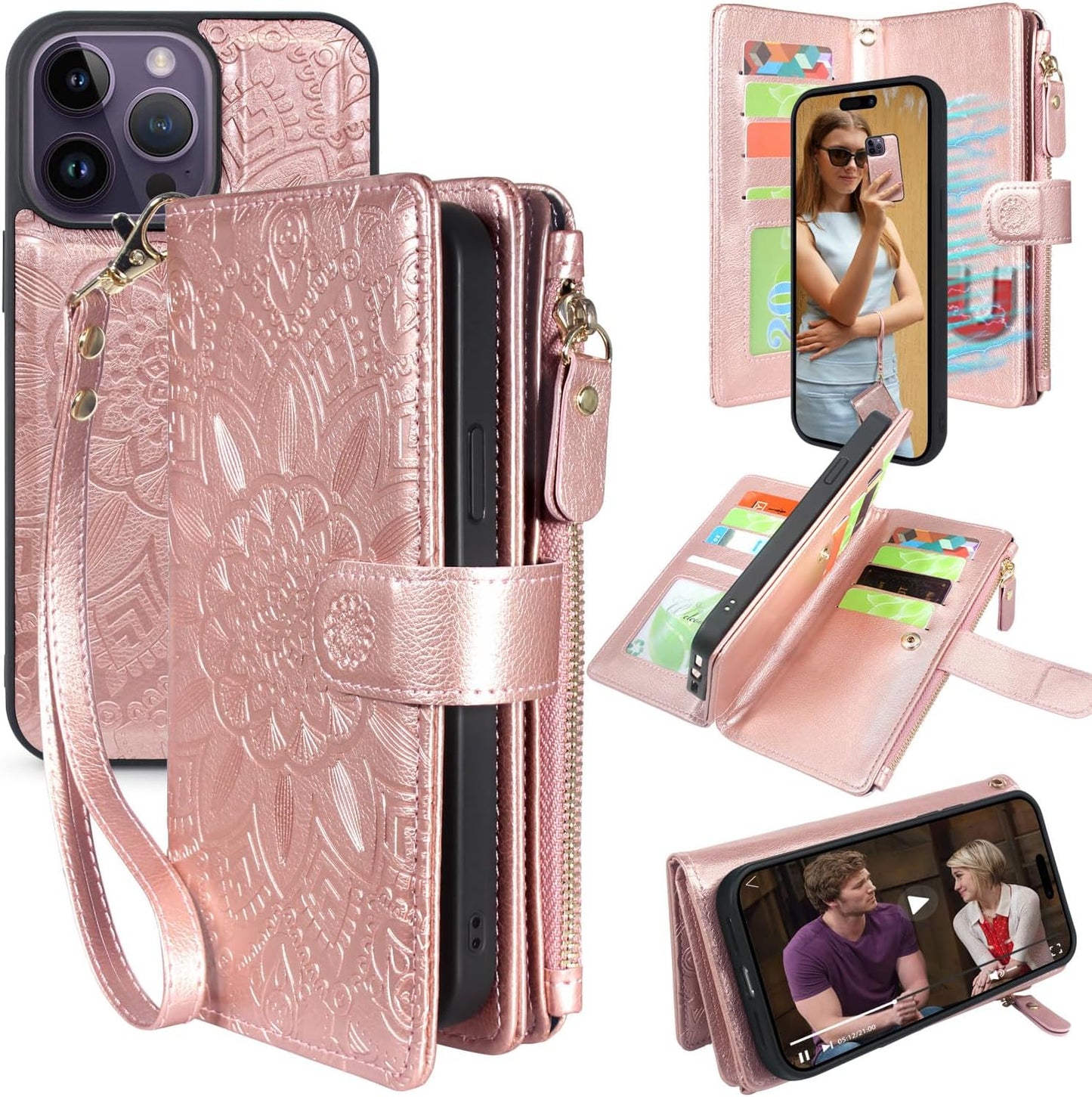 Harryshell Wallet Case for iPhone 13 Pro Max 6.7 inch 5G 2021, Detachable Magnetic Cover, Floral Flower, Rose Gold