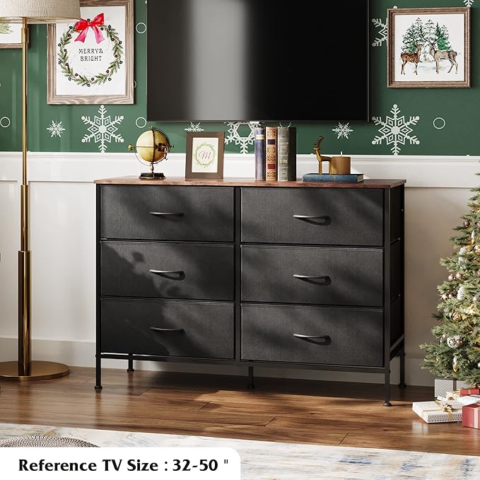 WLIVE Wide Dresser with 6 Drawers, TV Stand for 50 Inches TV, Entertainment Center with Metal Frame, Wooden Top, Fabric Storage Dresser for Bedroom, Hallway, Entryway, Black and Rustic Brown