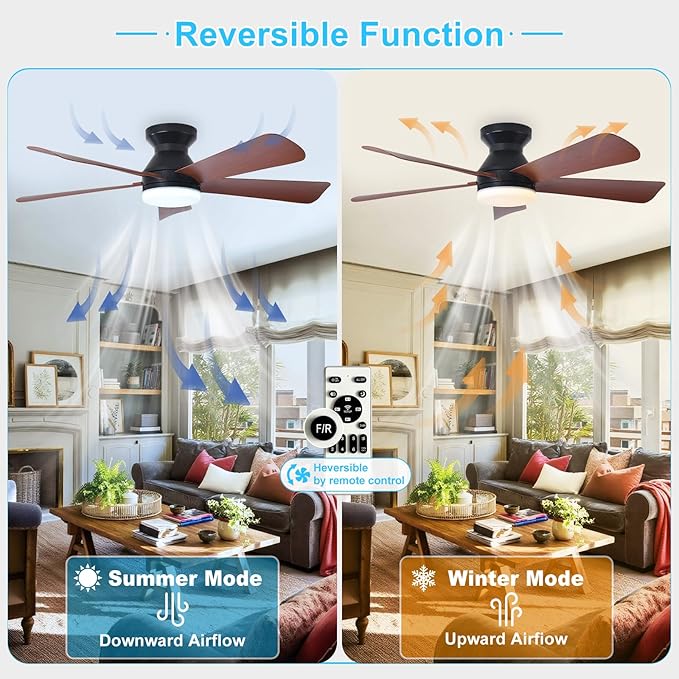 DINGLILIGHTING Ceiling Fans with Lights for Bedroom: 42 Inch Walnut Low Profile Ceiling Fan with Light and Remote Indoor Outdoor