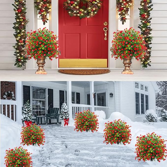 Set of 2 Artificial Topiary Boxwood Rose Ball Christmas Trees with Ground Spike,23" UV Resistant Outdoor Xmas Decor Faux Greenery Shrubs with Flowers, Fake Plants Bush for Garden, Yard, Porch