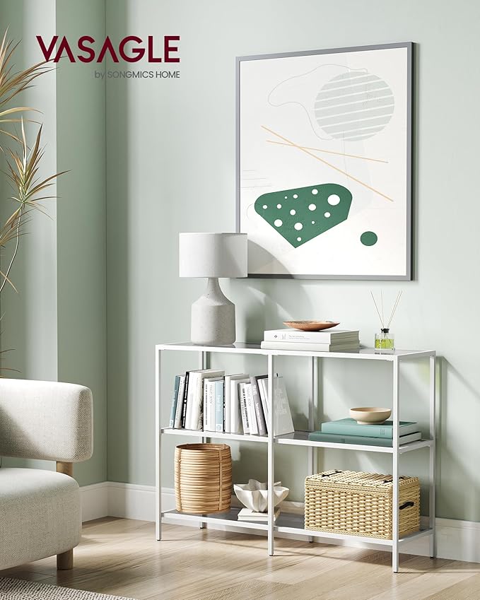 VASAGLE 39.4 Inch Console Table with 3 Shelves, Sofa Tables, Modern Entryway Table, Metal Frame, Tempered Glass Shelf, Entryway Living Room Bedroom, Pearl White and Slate Gray ULGT027W01